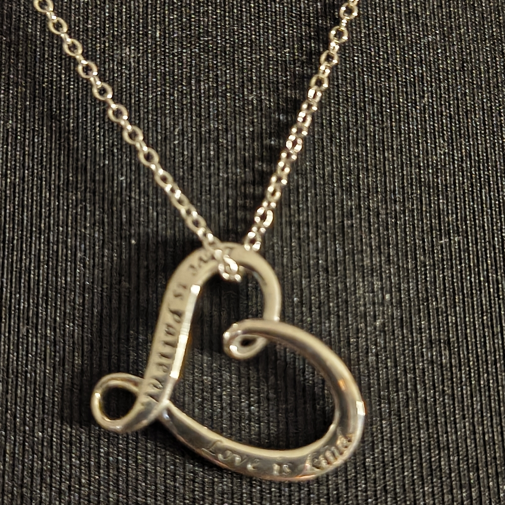 Avon Silvertone Heart Pendant Necklace - Love Script